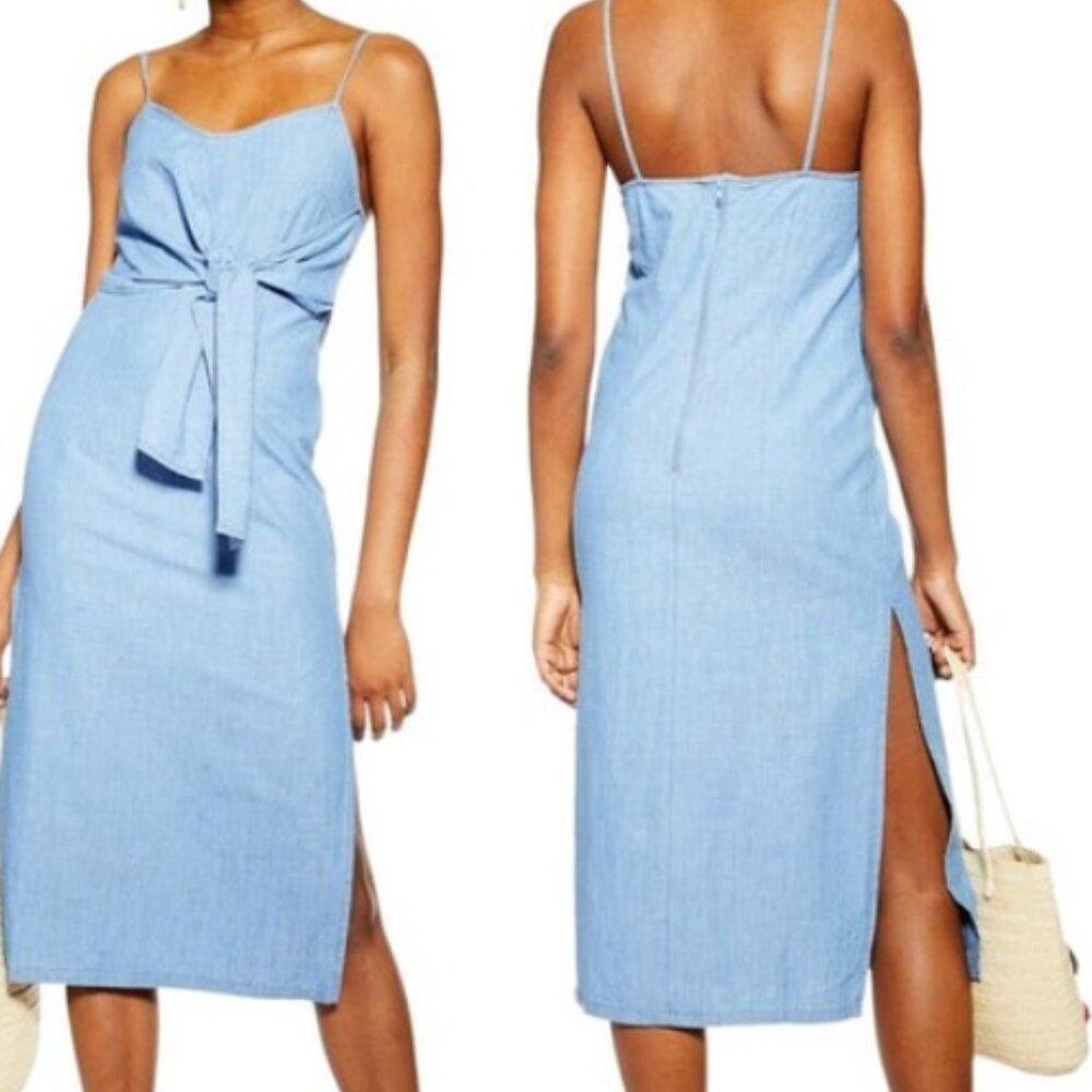 Blue Denim Topshop Tie Front Midi‎ Dress with Side Slit